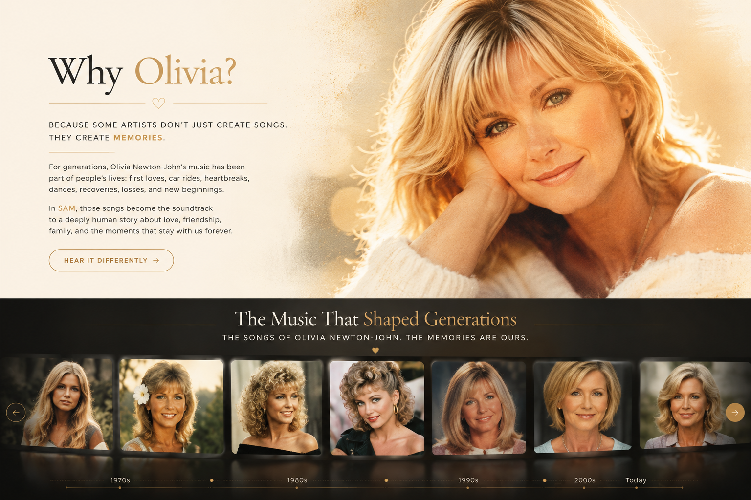 Why Olivia Newton-John section with editorial portrait and filmstrip gallery